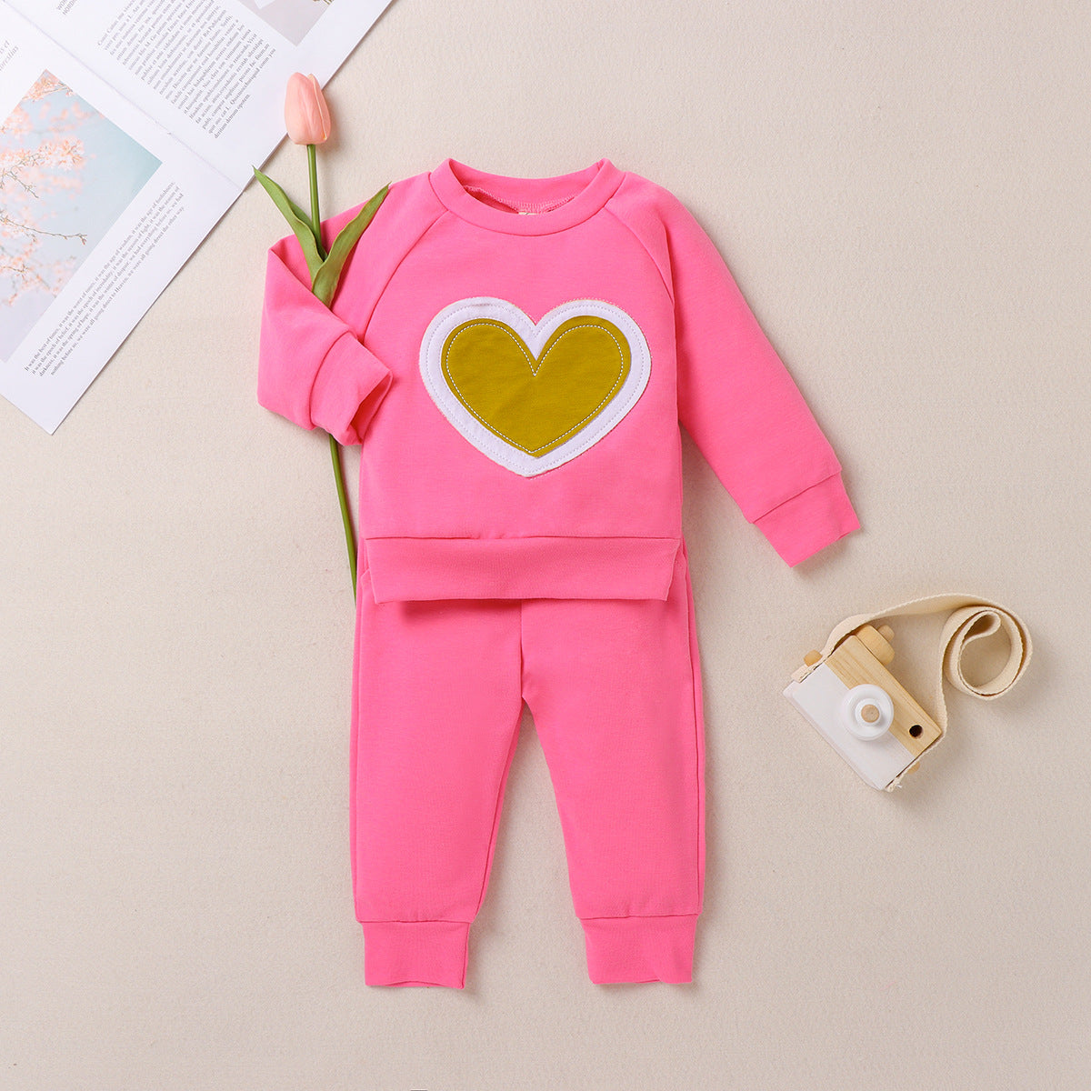Infants Baby Girl Valentine  Pure Color Long Sleeve Love Suit 2 Pcs Set