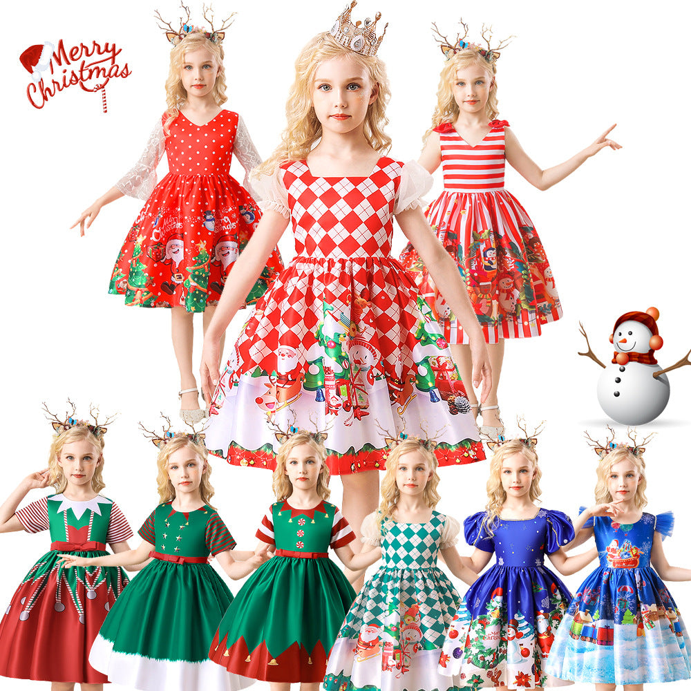 Christmas Kids Girl Cartoon Print Satin Dress