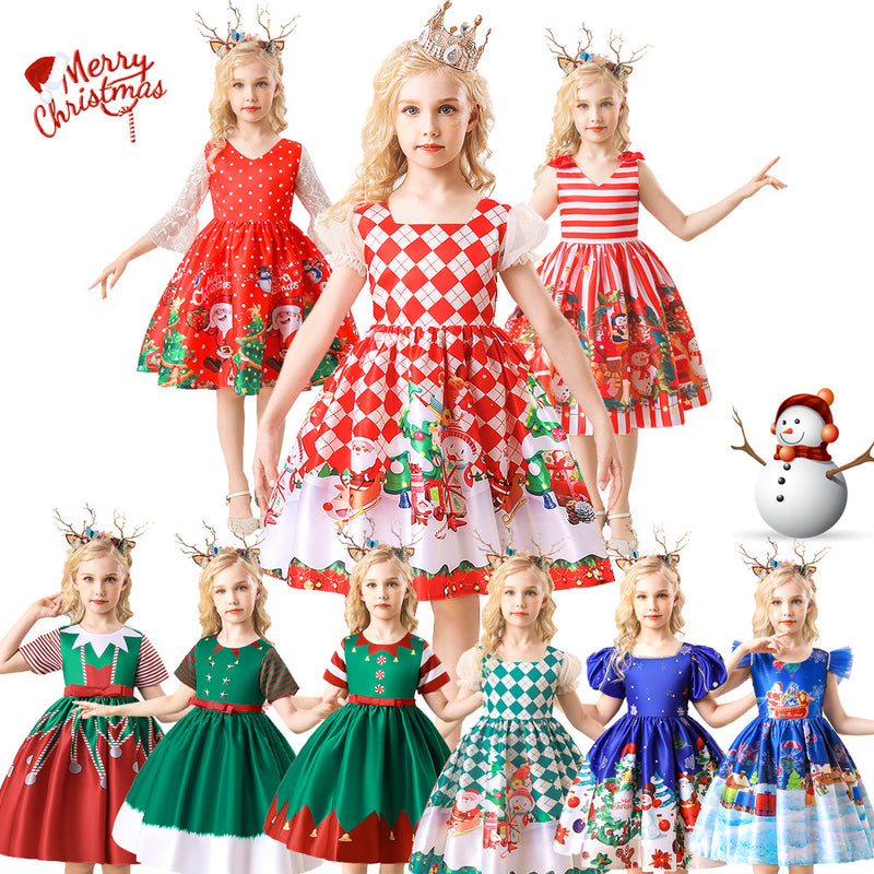 Christmas Kids Girl Cartoon Print Satin Dress