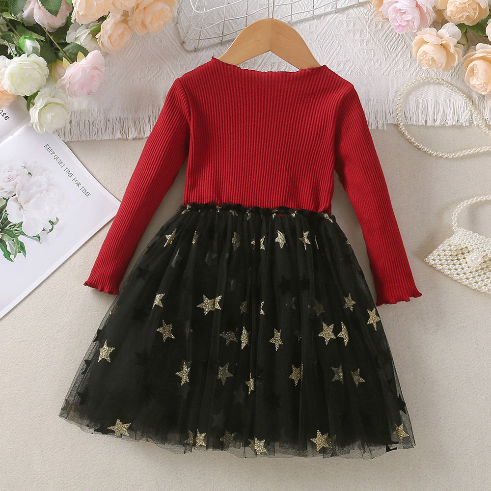 Kid Girl Gauze Spring Autumn Five-pointed Star Princess Dress