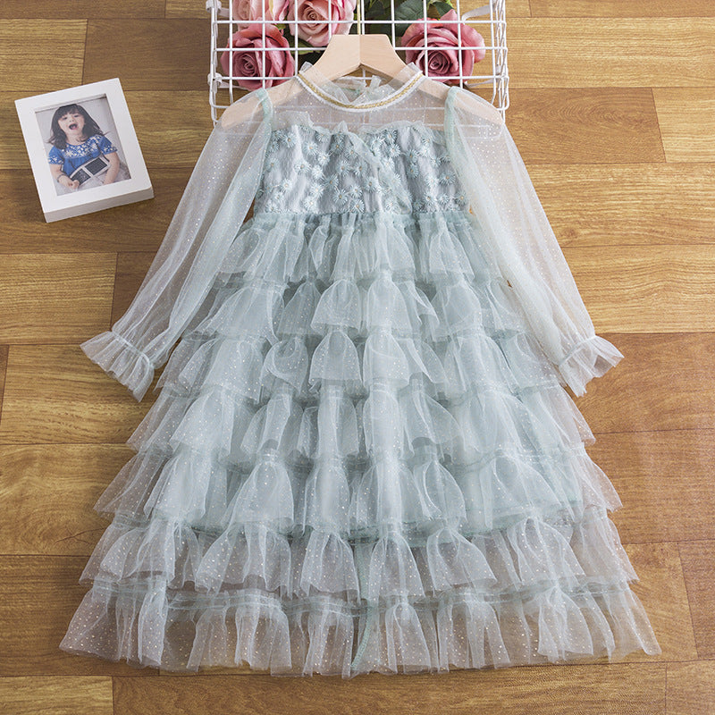 3-8T Kid Girl Floral Embriodery Flower Ruffle Layered Party Tulle Dresses
