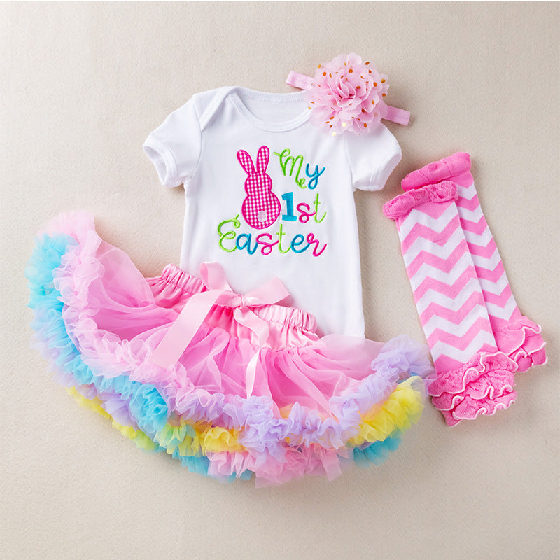 Baby Girl Easter Egg Embroidered Short Sleeve Pastel Sets 2 Pcs