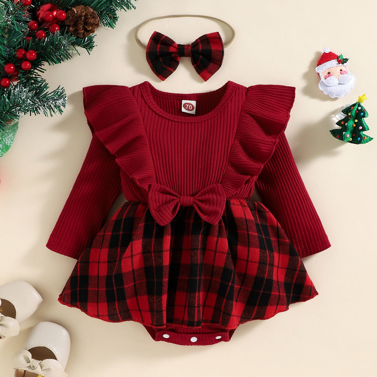 Baby Girls Red Pit Strip Plaid Christmas Climbing 3 Pcs Sets
