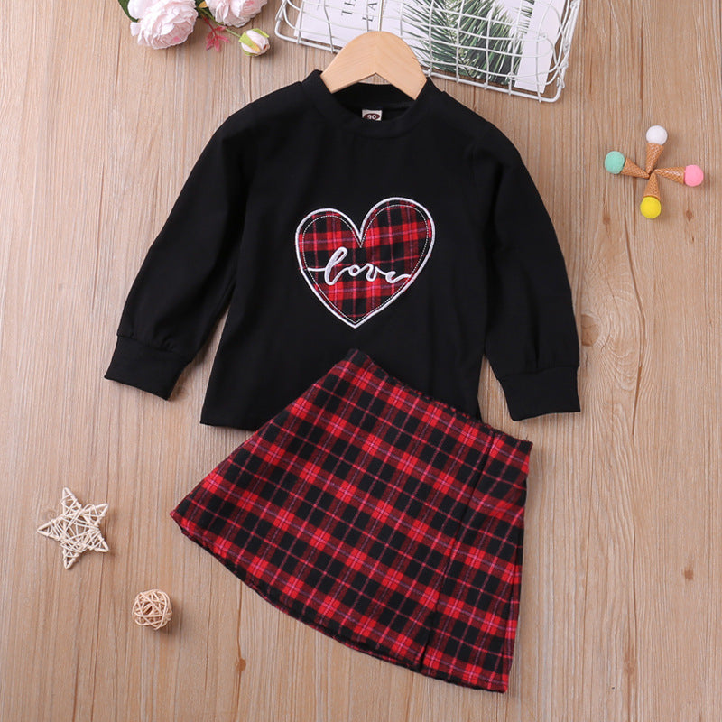 Spring Autumn Kid Baby Girl Suit Love Round Plaid 2 Pcs Sets