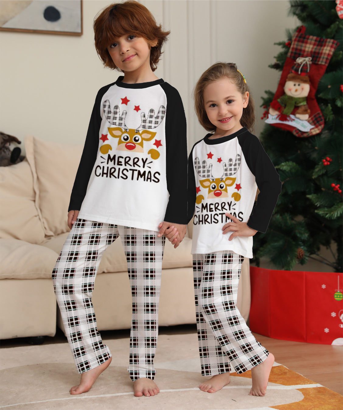 Family Matching Parent-child Fawn Alphabet Plaid Christmas Home Pajamas