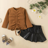 Kid Baby Girl Suit Long Sleeve Pit Stretch PU Leather 2 Pcs Sets