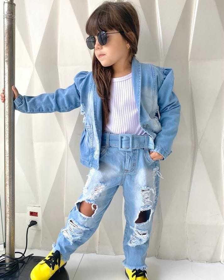 Kid Baby Girl Suit Single Breasted Solid Denim Blue 2 Pcs Sets
