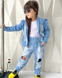 Kid Baby Girl Suit Single Breasted Solid Denim Blue 2 Pcs Sets