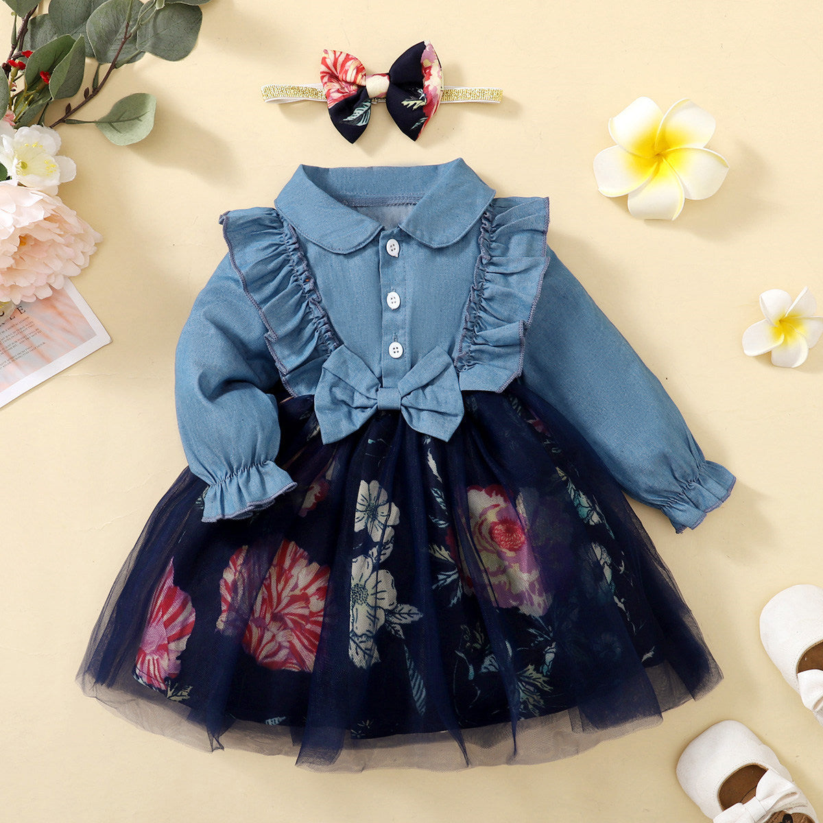 Kid Baby Girl Autumn Popular Denim Splicin Gauze Poncho Princess Dresses