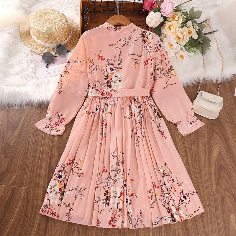 Kid Girls Princess Retro Long-sleved Autumn Winter Flower Dress