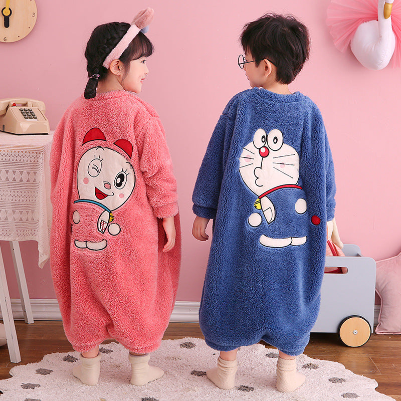 Autumn Winter Plush Kids Baby Boy Girl One-piece Cute Cartoon Coral Pajamas