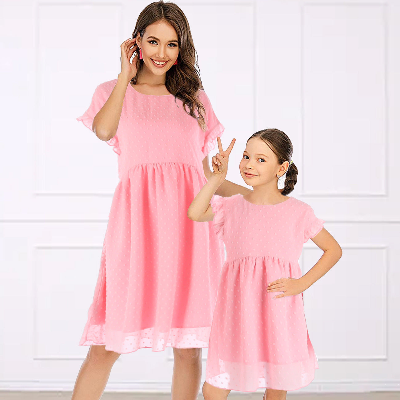 Family Matching Mother Daughter Round Collar Short Sleeves Lovely Dresses