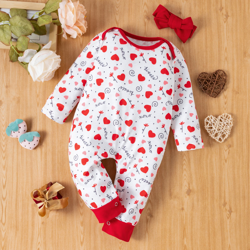 Baby Girls Valentine's Day Heart Printed Long-sleeve Rompers