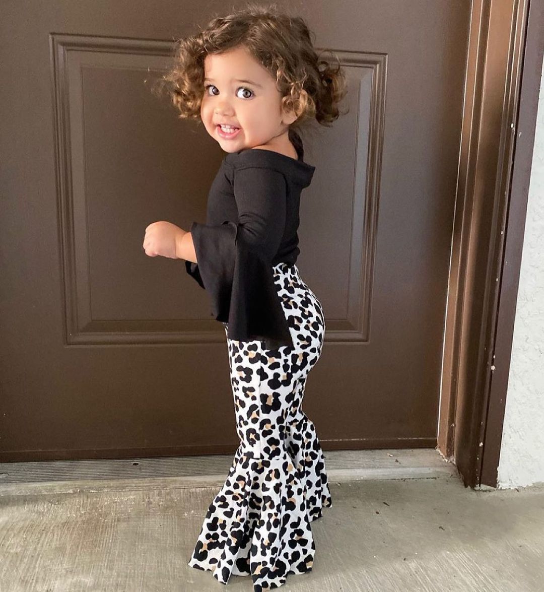 Kid Baby Girl Suit Black Cotton Flared Sleeve Leopard 2 Pcs Sets
