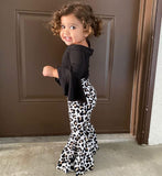Kid Baby Girl Suit Black Cotton Flared Sleeve Leopard 2 Pcs Sets