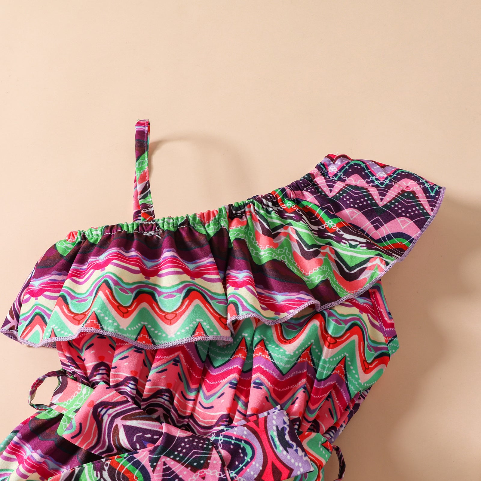 Kid Baby Girls Slant Shoulder Lotus Belt Jumpsuit Rompers