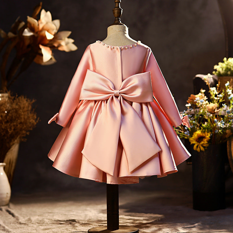 Kid Baby Girl Pink Princess Long Sleeve Satin Piano Birthday Dress