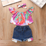 Kid Baby Girl Suit Fur-trimmed Jean Shorts 3 Pcs Sets