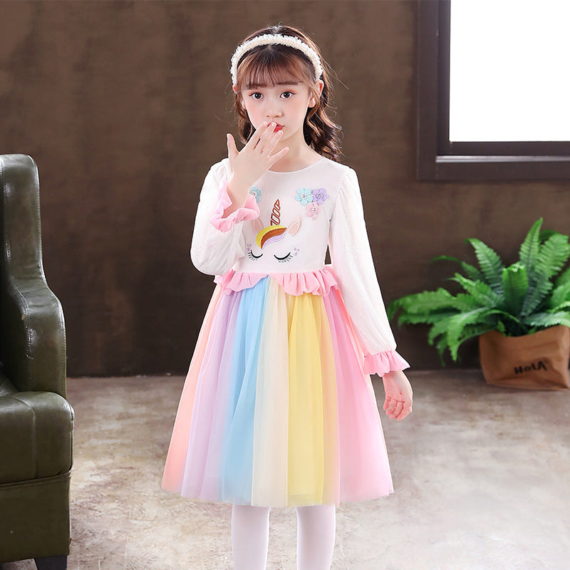 Autumn Spring Kids Girl Unicorn Long Sleeve Dresses