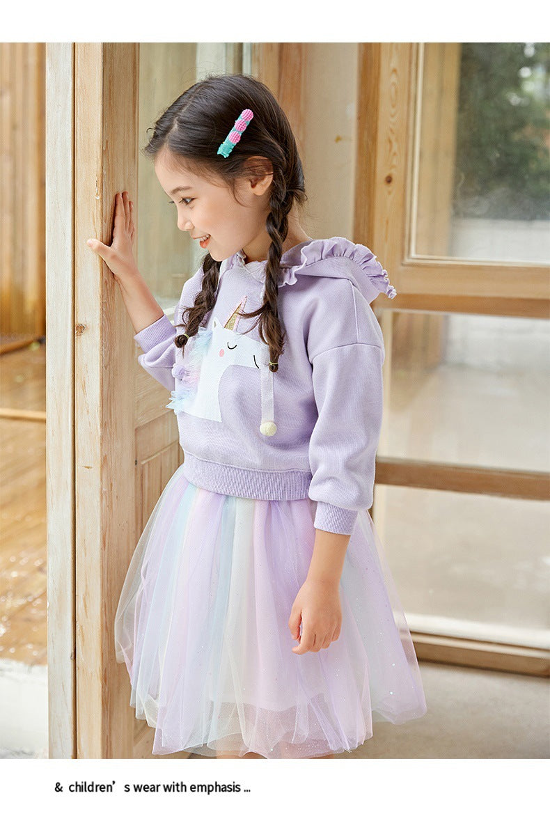 Girls Autumn Fashion Suit Rainbow Unicorn Mesh 2 Pcs Set
