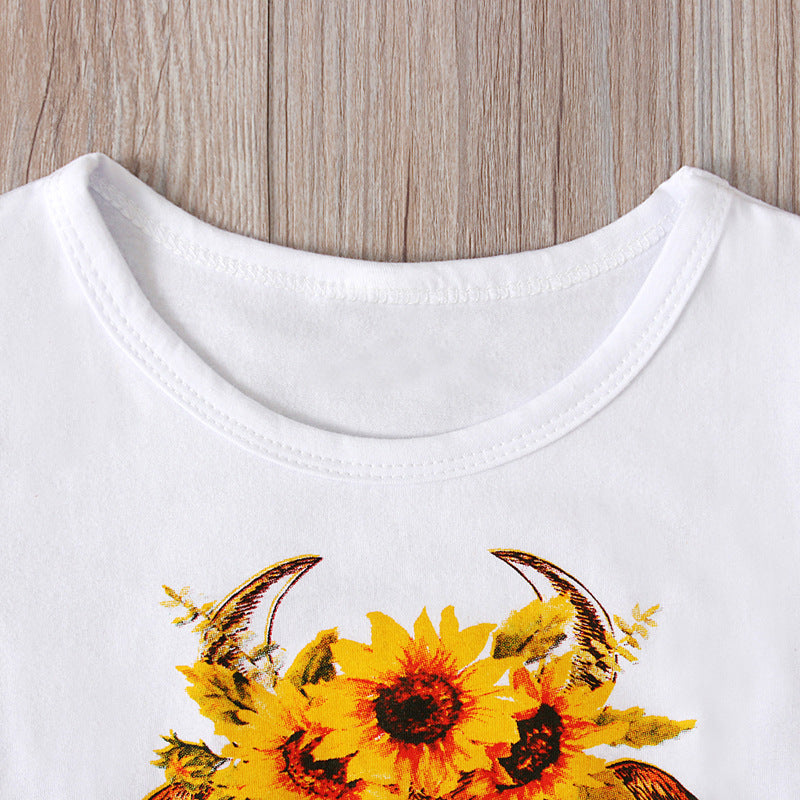 Kid Baby Girl Cow Short Sleeve Tassel Ins 2 Pcs Set