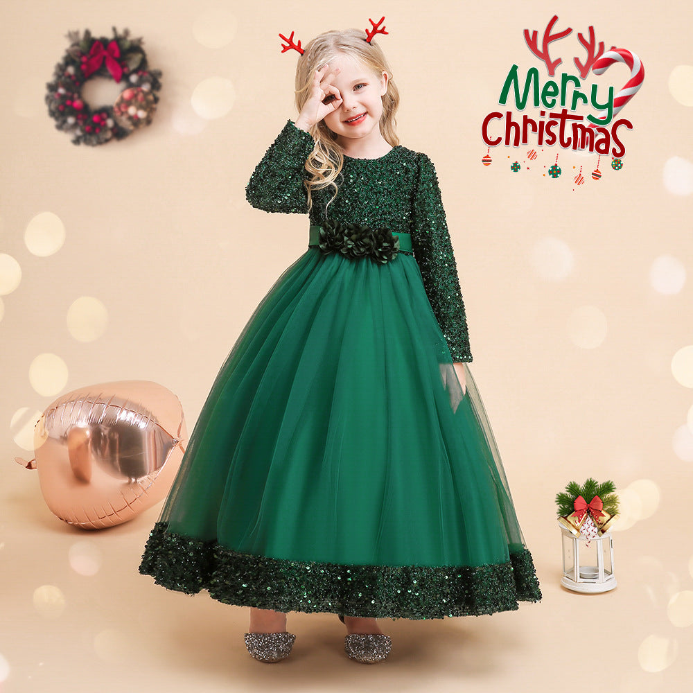 Kid Girl Princess Long Sequin Christmas Cosplay Dress