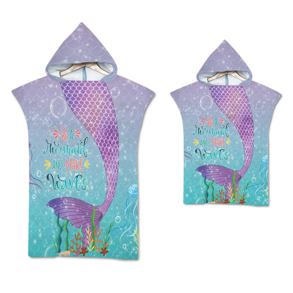 Mermaid Hooded Microfiber Fabric Beach Towel Bathrobe Pajamas for Adult Kid