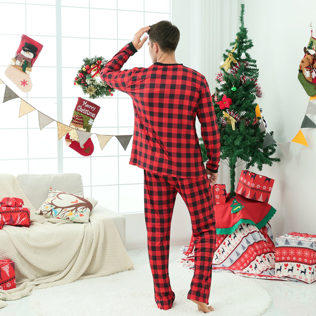 Family Matching Christmas Home Red Plaid Long-sleeved Pajamas