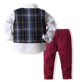 Kids Baby Boy Banquet Party Gentleman Plaid 3 Pcs Sets