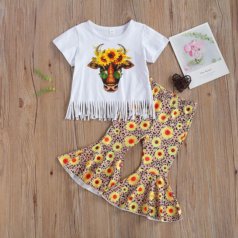 Kid Baby Girl Cow Short Sleeve Tassel Ins 2 Pcs Set