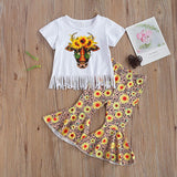 Kid Baby Girl Cow Short Sleeve Tassel Ins 2 Pcs Set