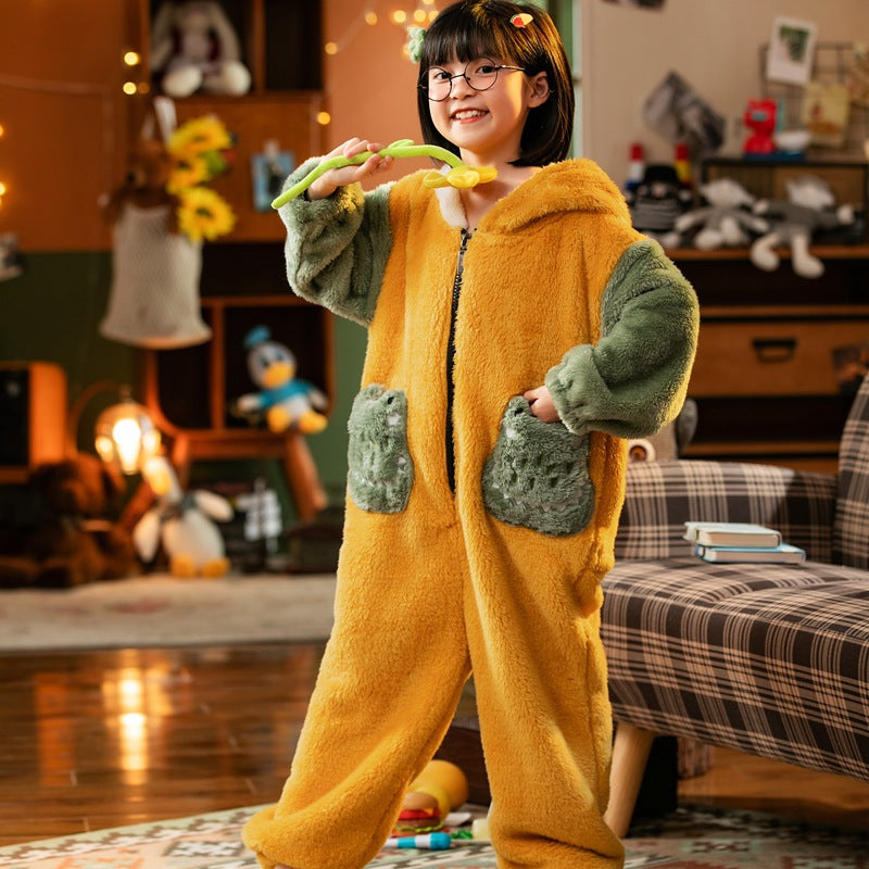 Kid Boy Thick Coral Velvet One-piece Cartoon Warm Flannel Pajamas