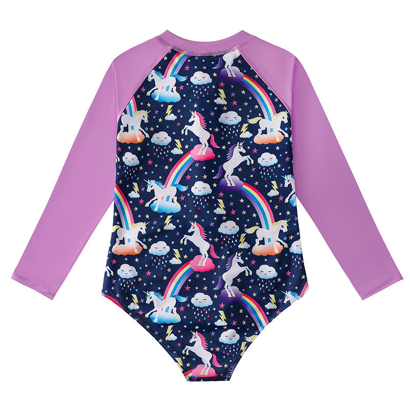 Kid Girls Swimsuit One-piece Long-sleeved Unicorn Cartoon Swimwear