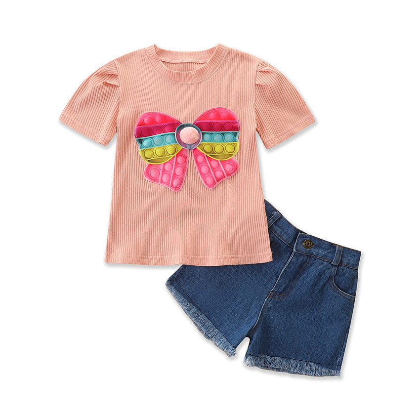 Kid Baby Girls Suit Summer Hole Stripe Bow Jeans 2 Pcs Sets