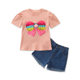 Kid Baby Girls Suit Summer Hole Stripe Bow Jeans 2 Pcs Sets
