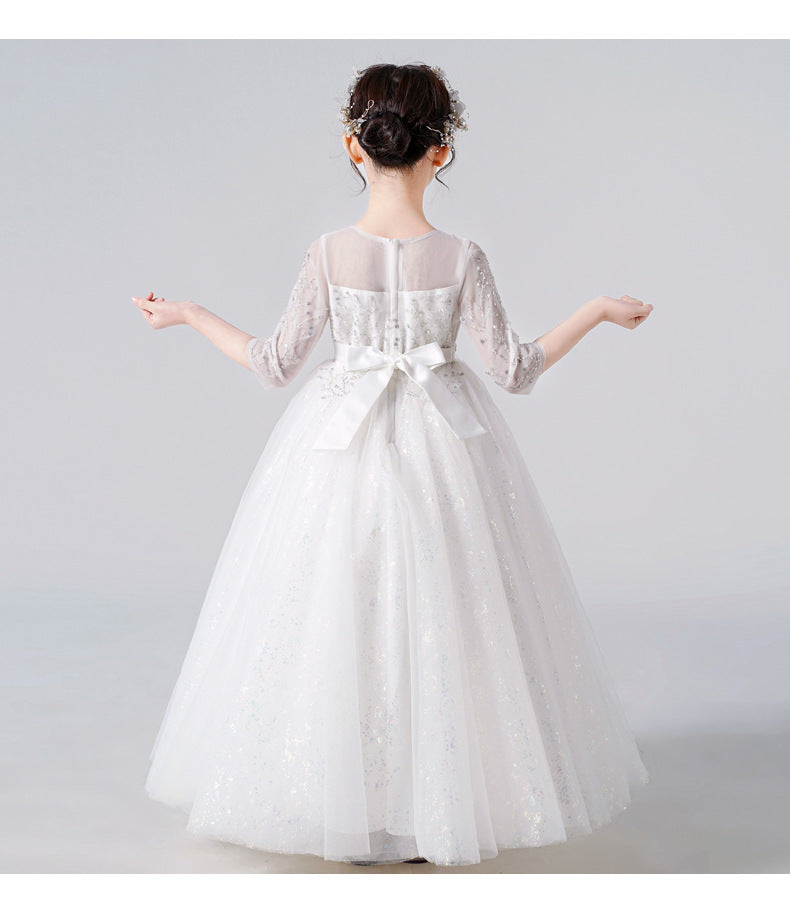 Kid Girls Gauze Sleeve Sequined Fluffy  Flower Sweet Princess Show Dresses