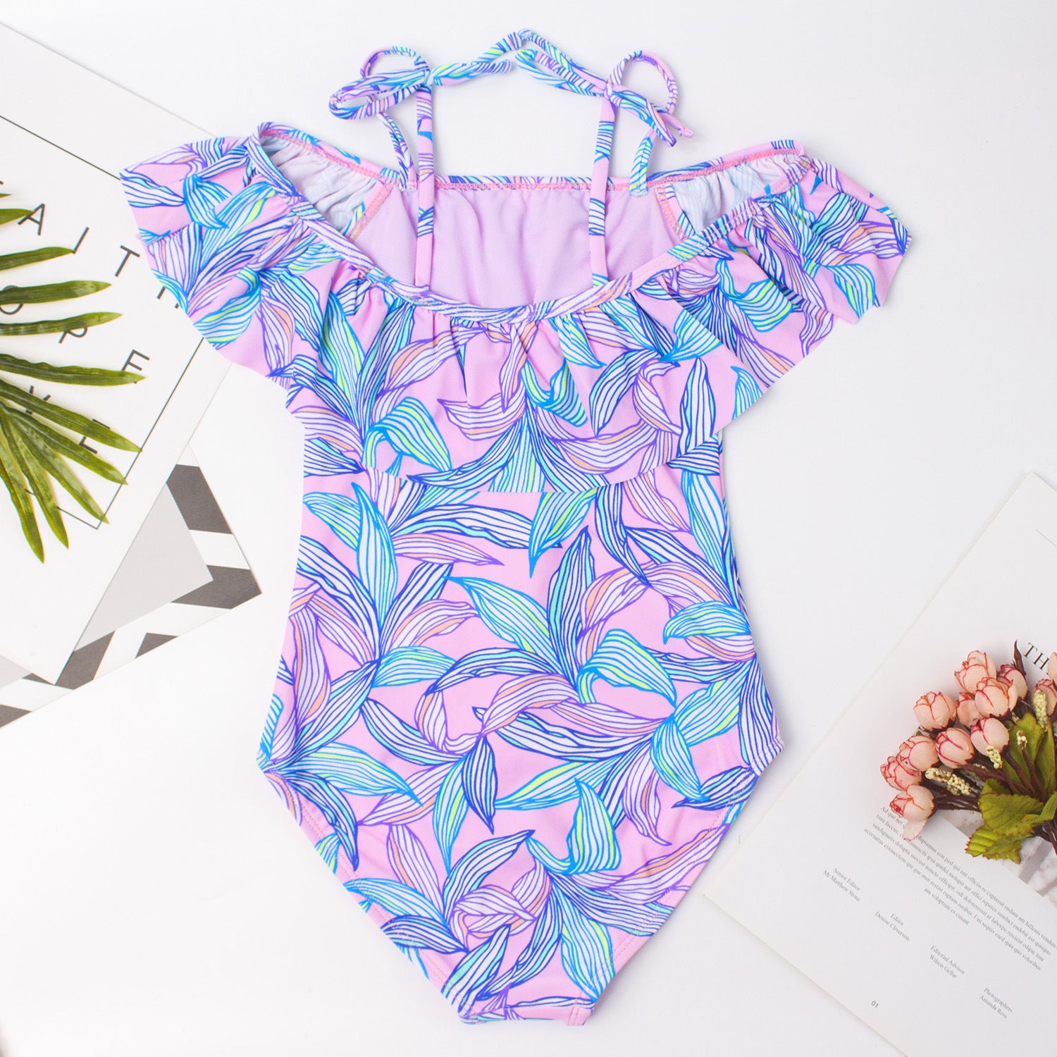 Kid Girl Purple One-piece Leaf Ruffle Shoulder Swimsuit