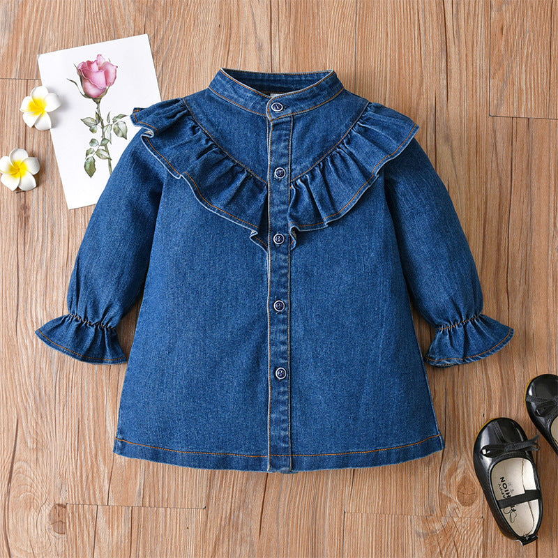 Kid Baby Girl Spring Long-sleeve Flounces Cowboy Denim Shirts Blouse