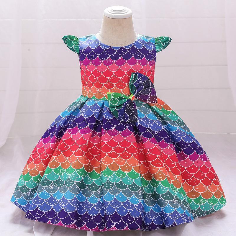 Kid Baby Girl Princess Rainbow Bow Small Flying Sleeve Piano Performance Dress