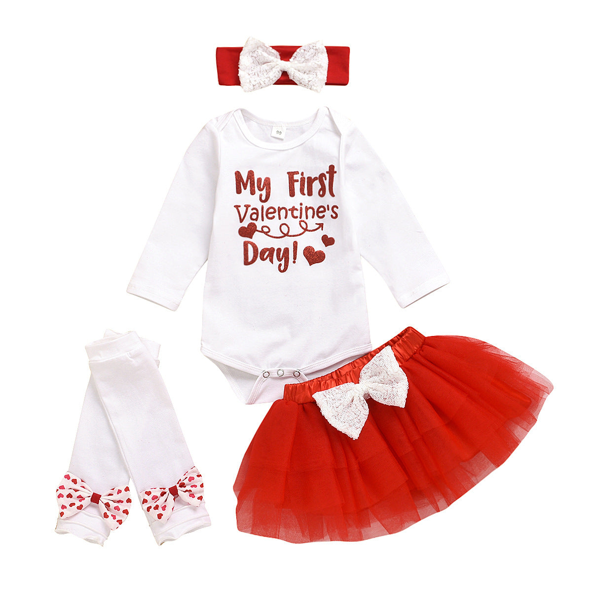 Baby Girl Valentine's Day Party Dress Black Long Sleeve 4 Pcs Sets