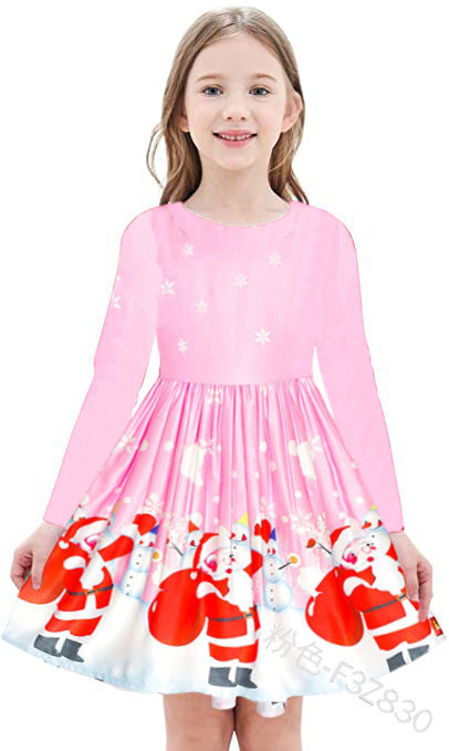 Kid Girl Long Sleeve Round Neck Christmas Print Cute Dress