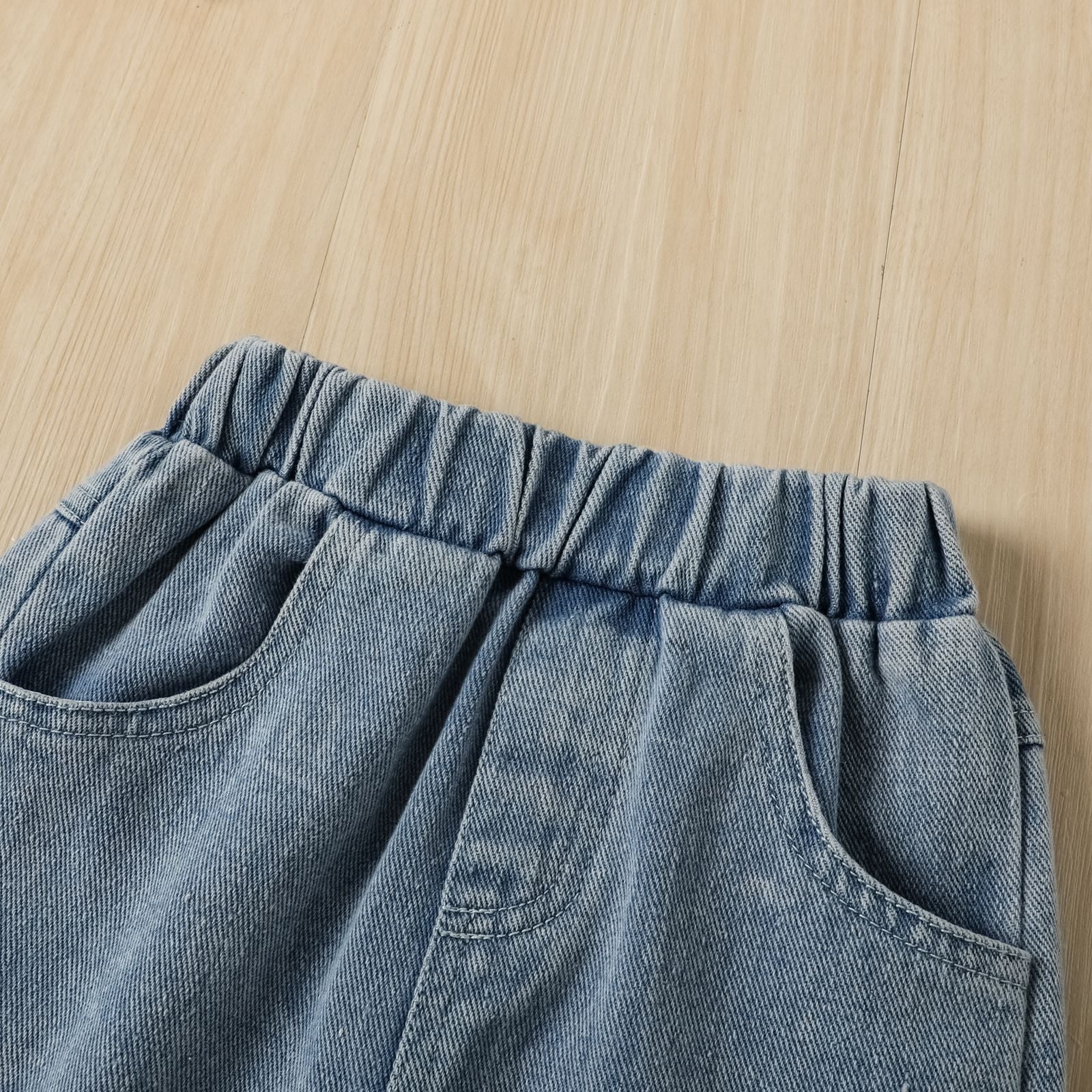 Kid Baby Boy Embroidered Mesh Bubble Sleeve Pearl Hem Jeans 2 Pcs Sets
