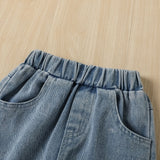 Kid Baby Boy Embroidered Mesh Bubble Sleeve Pearl Hem Jeans 2 Pcs Sets