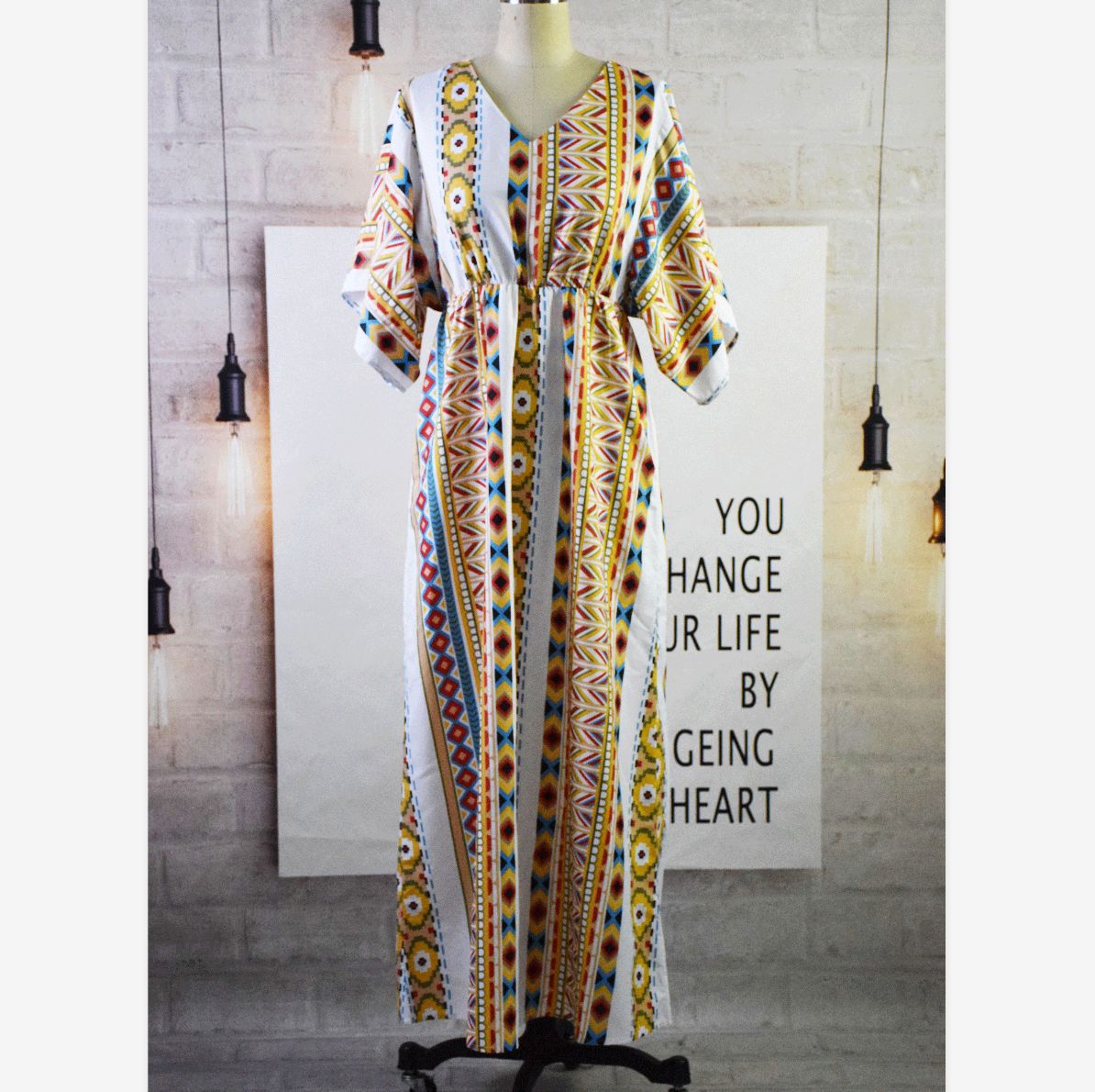 Family Matching Geometric Print V-neck Short Sleeve Long Dress