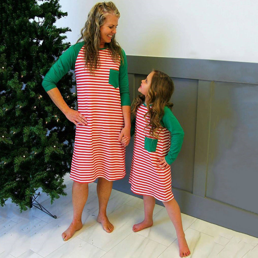 Family Matching Long-sleeved Christmas Striped Dress