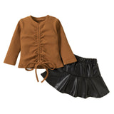Kid Baby Girl Suit Long Sleeve Pit Stretch PU Leather 2 Pcs Sets