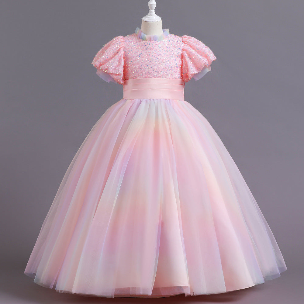 Kid Gir Princess Mesh Gauze Wedding Bubble Sleeve Piano Long Dresses