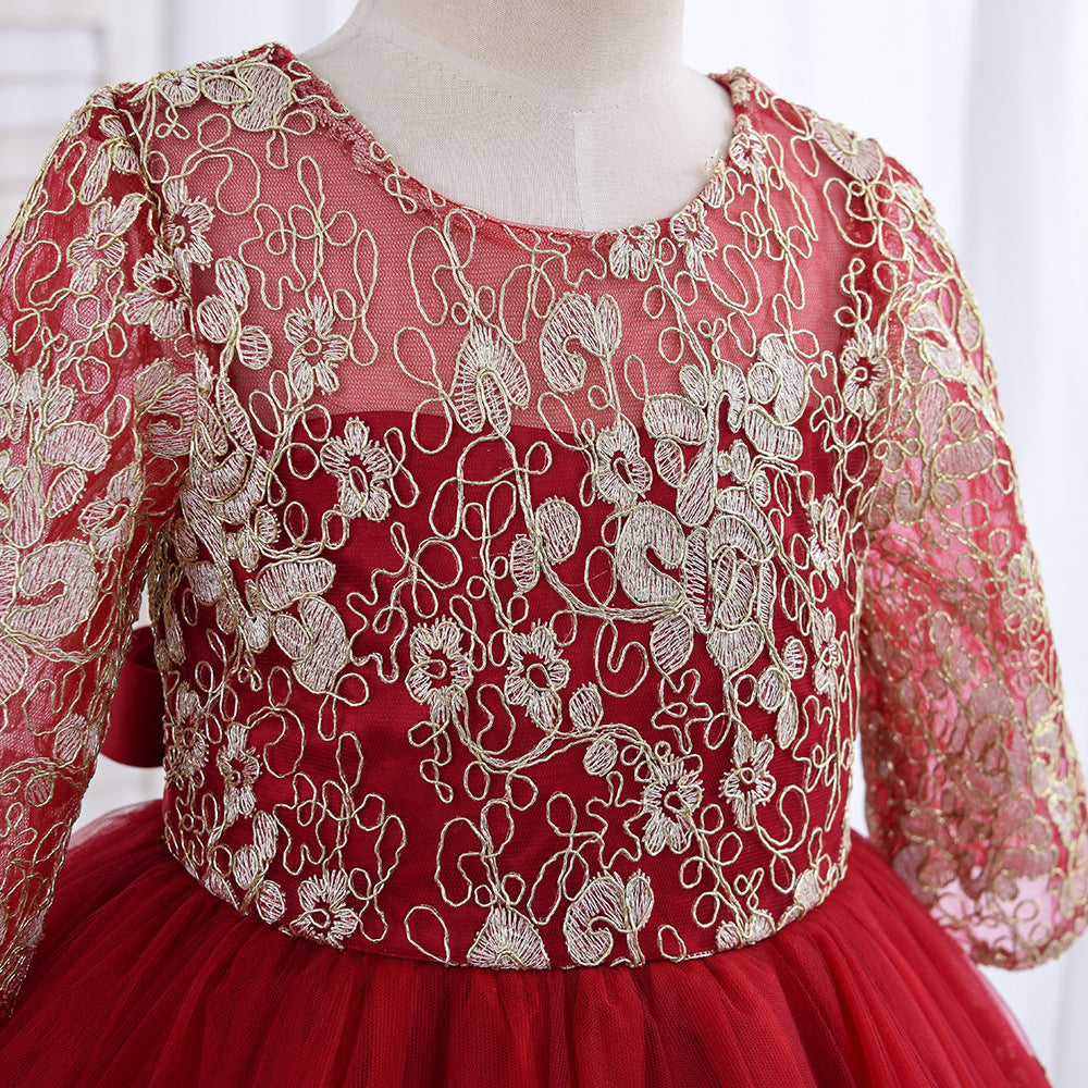 Kid Baby Girl Mesh Playing Long Sleeve Red Princess Dresses