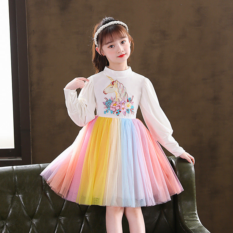 Autumn Winter Long Sleeve Kid Baby Girls Unicorn Rainbow Mesh Dress