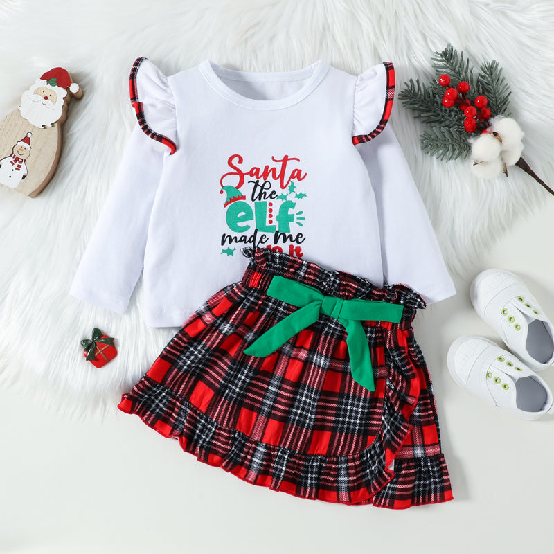 Kid Baby Girl Christmas Long Sleeve Letter Plaid 2 Pcs Sets